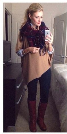 Cute fall outfit with the camel colored sweater, plaid scarf, jeans, and brown boots.
