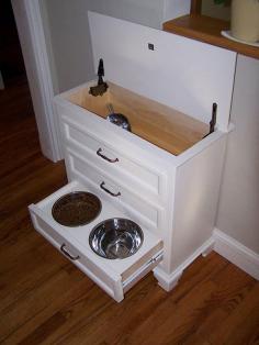 
                    
                        Made from small dresser. Food is kept in top w scoop. Drawers hold all pet supplies, leash, collar, sprays, etc.
                    
                