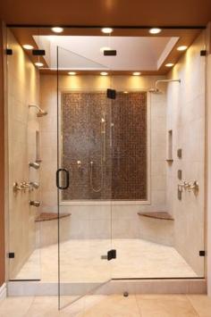
                    
                        Contemporary Master Bathroom with Handheld showerhead, Rain shower, American Olean Visionaire Evening Shadow Glass Mosaic
                    
                