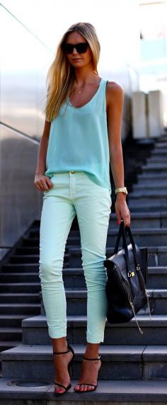 
                    
                        A subtle way to wear color: pastels. I'd probably break my neck if I wore those gorgious strappy heels. I'd got with a metalic flat or sandal.
                    
                