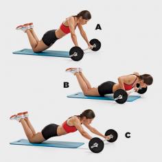 
                    
                        Barbell Roll-Out: Place a barbell on the floor, and add five-pound weight plates to each side with safety clips. From your knees, place your hands on the bar, shoulder-width distance apart (A). Lower your chest towards the bar, halfway toward a pushup (B). From here, brace your torso to keep your abs tight and roll the bar forward. Roll out until you feel solid tension in your arms (triceps) and core (C). Pull backward to the start position. That’s one rep
                    
                