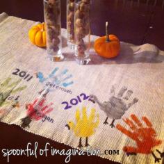 
                    
                        Thanksgiving Table Runner - Last year, I started a Thanksgiving table runner. I took an old creme table runner I had, and used my kids handprints to paint turkeys. This year we updated it with "new turkeys". I think it will be so fun to watch the handprints get bigger through the years.
                    
                