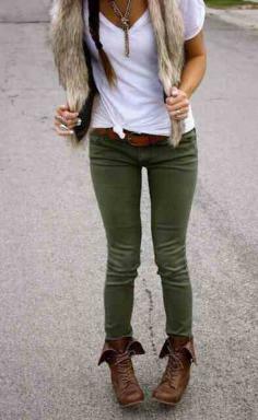 
                    
                        Fur vest white t-shirt green brown combat boots and skinny pant
                    
                