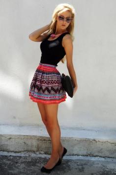 I love this, the pattern of the skirt is so fun and feminine (I just wish it was a tad longer) [Patterned skirts and a slick fitting solid tanks are an easily accessible cute summer outfit- whether your enjoying a day in the park or out on the town with the girls.] find more women fashion on www.misspool.com