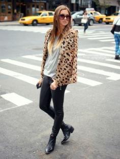 Fall essentials: Leopard print blazer, leather trousers, chelsea ankle boots, shades.