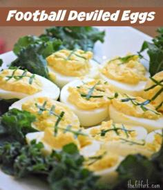 
                    
                        Football Deviled Eggs - This easy to make finger food will be the champion of your Super Bowl football party - TheFitFork.com
                    
                
