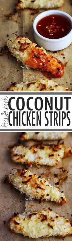 
                    
                        Tender chicken strips coated in sweet coconut flakes and baked til crispy!
                    
                