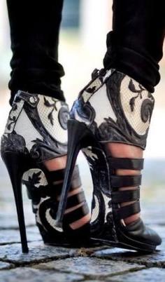 Black and white lace-pattern / leather high heels