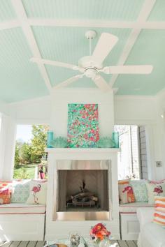 The ceiling color! Beachy blues and orange. Browse outdoor living rooms on Completely Coastal here: http://www.completely-coastal.com/2013/04/outdoor-living-rooms-coastal-beach.html