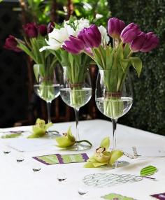 Bridal Shower Centerpiece ideas - flowers in wine glasses.