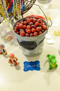 
                    
                        Jake and The Neverland Pirates Party love the healthy option! grapes for cannonballs!
                    
                