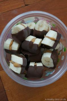
                    
                        Frozen Chocolate-Dipped Peanut Butter Banana Bites - quick and easy healthy snack! (Think of using Nutella instead!)
                    
                