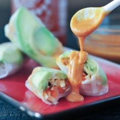 avocado shiitake salad rolls  spicy coconut almond dipping sauce  dairy, soy, and gluten free, vegan  makes about 1/2 cup – easily doubled  1/2 cup almond butter juice of 1 lime 2-5 tablespoons sriracha* 2-3 tablespoons coconut milk (So Delicious carton)