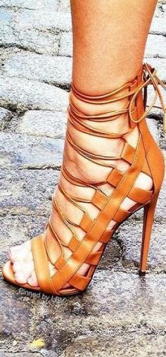 
                    
                        Aquazurra tan leather high heel strap up sandals
                    
                