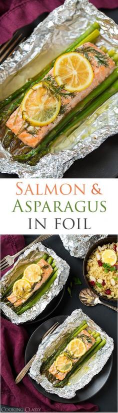 
                    
                        Baked Salmon and Asparagus in Foil - this is one of the easiest dinners ever, it tastes amazing, it's perfectly healthy and clean up is a breeze!
                    
                