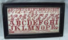 
                    
                        16.625in x 9.625in Old Vintage Framed Red & White Needlepoint Alphabet Sampler
                    
                