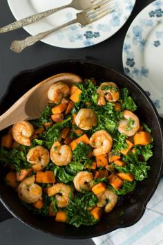 
                    
                        Sweet Potato, Kale and Shrimp Skillet -- quick, healthy lunch or weeknight dinner. Use 12 ounces shrimp to serve 2.
                    
                