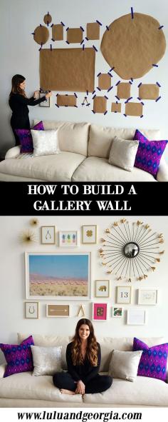 
                    
                        HOW TO: Building a Gallery Wall. 1. Choose larger pieces as anchors. 2. Choose a color scheme. 3. Play with scale - vary the size and orientation of the art. 4. Keep at least 1.5" - 3" between each piece. 5. Allow at least 6" between the couch and the first frame. 6. Use 2 to 3 styles of frames. 7. Use different mediums of art - photography, art prints, gift wrap, decorative objects, etc.
                    
                