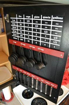 Looking for kitchen organization ideas? Store your measuring cups and spoons on the inside of a cabinet door and top it off with a vinyl measurement conversion chart!