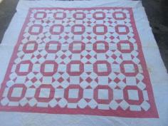 
                    
                        78in x 78in Great double pink and red calico pieces!! Antique New England Quilt, ROLLING STONE Design, Great Stitching, Mass, GIFT
                    
                