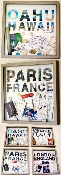 
                    
                        Shadow box your travel itinerary - ticket stubs, currency, maps, pictures
                    
                
