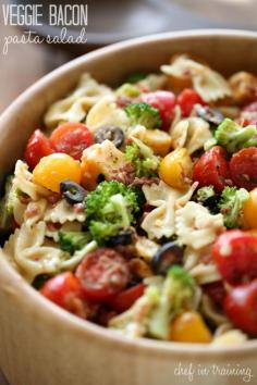 
                    
                        Veggie Bacon Pasta Salad from chef-in-training.com …This is a delicious and colorful side dish that whips up in no time at all!
                    
                