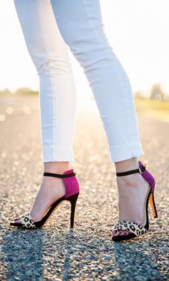 
                    
                        Open toe heel in soft suede and haircalf with a dainty adjustable ankle strap
                    
                