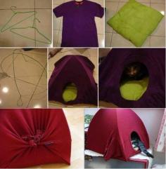 Diy Cat House With a T-shirt and wire hangers