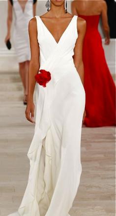 Ralph Lauren Spring Summer 2013 Ready-to-Wear Designer Evening Gowns. White dress, black hat, red flower.