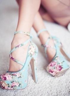 - Floral print, tiffany blue high heels.