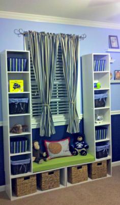 DIY Storage Unit with window seat.  Easy, affordable and great storage for a child's bedroom! For boy bedroom