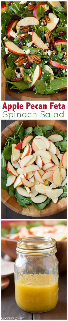 
                    
                        Apple Pecan Feta Spinach Salad with Maple Cider Vinaigrette - this salad is a must try recipe! Highly recommend adding the bacon too.
                    
                