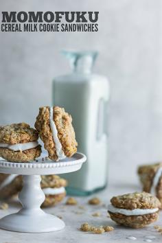 
                    
                        Cereal Milk cookie sandwiches studded with crushed cornflakes and inspired by the Momofuku Milk Bar cookbook.
                    
                