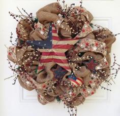 Good for June 14th Flag Day! Oh yeah and the 4th of July hehehe. patriotic burlap wreaths | Burlap Patriotic Wreath by ViennaSparkleWreaths on Etsy