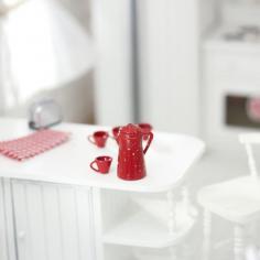 
                    
                        Dollhouse Miniature Red Enamelware Coffee Pot and Cups
                    
                