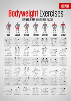 
                    
                        Bodyweight Exercises Chart - detailed chart with illustrations showing possilbe bodyweight exercises for use with a fitness plan or workout. Great for weight loss without a gym.
                    
                