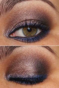 Dark blue eyeliner and smokey brown eye LOVE that color combo.