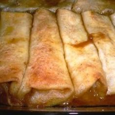 
                    
                        OMGosh these are amazing! I made these for dessert tonight. I made a pan of apple and a pan of cherry. The sauce is incredible. The cooked tortillas are so light. Easy to make and delish! My husband said I'm never allowed to make them again because he can't stop eating them. :-) I highly recommend trying this one. Apple enchiladas. Serve warm with good vanilla ice cream.
                    
                
