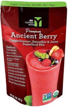 
                    
                        Ancient Berry is a blend of 11 Different Superfoods.  Contains: Chia Seeds, Flax Seeds, Beet Root Powder, Coconut Palm Sugar, Pomegranate Juice Powder, Goji Berry Powder, Acai Berry Powder, Acerola Juice Powder, Hulled Hemp Seeds, Camu Camu Powder, and Maqui Berry Powder.  Just add 1 tbsp of Ancient Berry to your Smoothie to boost it into a Superfood Smoothie! #mnasmoothie
                    
                