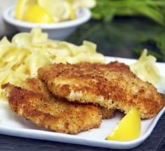 
                    
                        Chicken Shnitzel.  Scallops of chicken breast, breaded, sautéed until golden brown on the outside and tender inside.  Great with noodles and salad.
                    
                