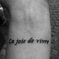 
                    
                        This is my first tattoo. It’s on my left wrist. In English ‘La joie de vivre’ means: ‘The joy of living’. I love the French language and I love life, so that’s why I got it done. It is done by HP (Hien Phuoc Nguyen) who is the owner of ‘Art of Ink’ in Aarhus, Denmark.
                    
                