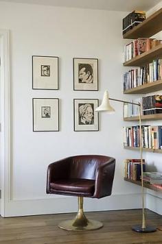 reading corner. Rose Uniacke interior. Floating shelves