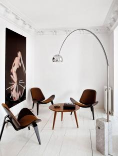 Shell Chair by Hans Wegner http://www.cadesign.ie/furniture/lounge-chairs/hans-wegner-style-walnut-leather-shell-chair/ Arco Floor lamp http://www.cadesign.ie/furniture/lamps/arco-style-floor-lamp-white/