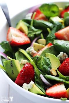 
                    
                        Delicious avocados and strawberries combine in this easy fresh spinach salad with a yummy poppyseed vinaigrette from Gimme Some Oven.
                    
                