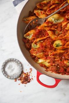 
                    
                        Spinach and Ricotta Stuffed Shells with Spicy Chorizo | saltandwind.com
                    
                