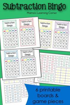 Free Subtraction Bingo - includes 6 game boards and playing pieces.