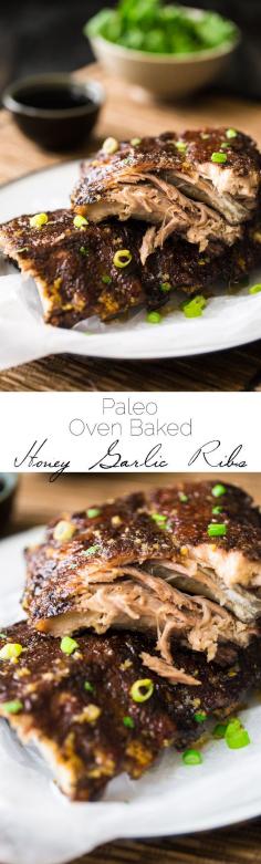 
                    
                        Paleo 5 Spice Honey Garlic Oven Baked Ribs - Sticky, sweet, healthier ribs that are gluten free, Paleo and made in the oven. These fall RIGHT OFF THE BONE! | Foodfaithfitness.com | Taylor | Food Faith Fitness
                    
                