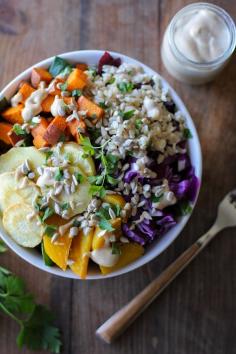 
                    
                        Roasted Root Vegetable Buddha Bowls with Maple Cinnamon Tahini Dressing #vegan #healthy #recipe
                    
                