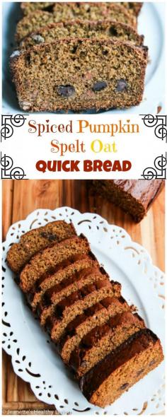 
                    
                        Spiced Pumpkin Spelt Oat Quick Bread - perfect for breakfast or tea, this quick bread is made with whole grain spelt, oat flour and flaxseeds
                    
                