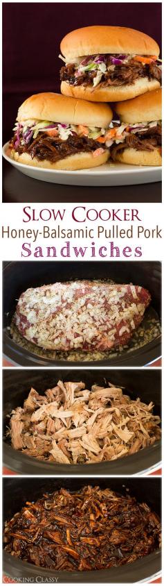 
                    
                        Slow Cooker Honey Balsamic Pulled Pork Sandwiches - These are AMAZING! Easy to make too!
                    
                
